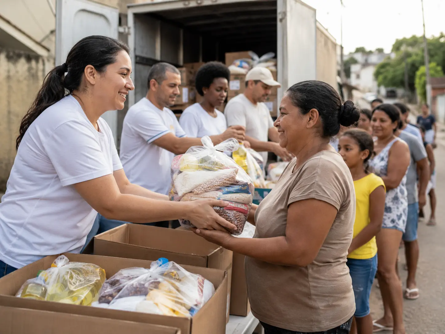 Equipe entrega alimentos a famílias de uma comunidade.