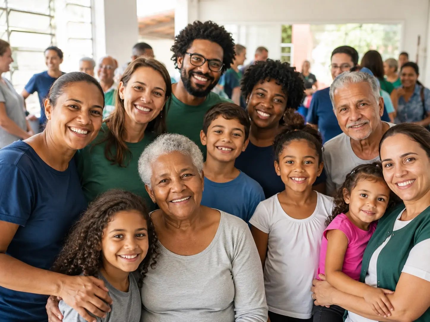 Pessoas de diferentes gerações reunidas em uma comunidade.