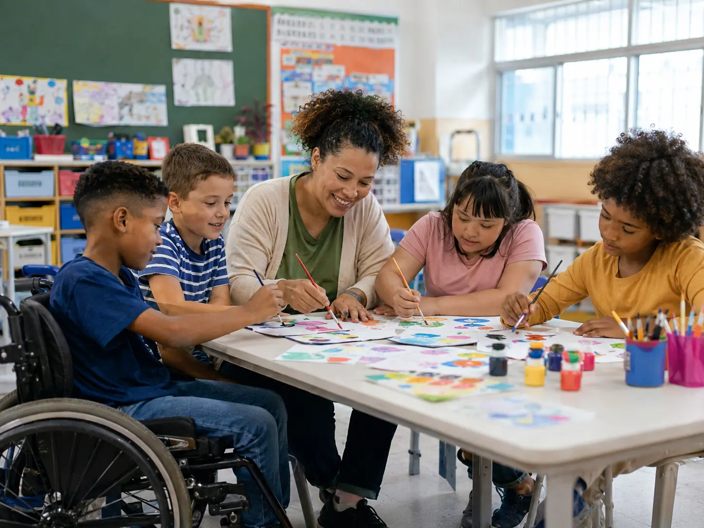 Educadora conduz uma atividade artística inclusiva com crianças.