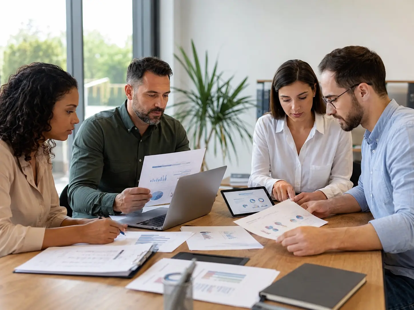 Equipe analisa documentos, indicadores e resultados de uma iniciativa social.