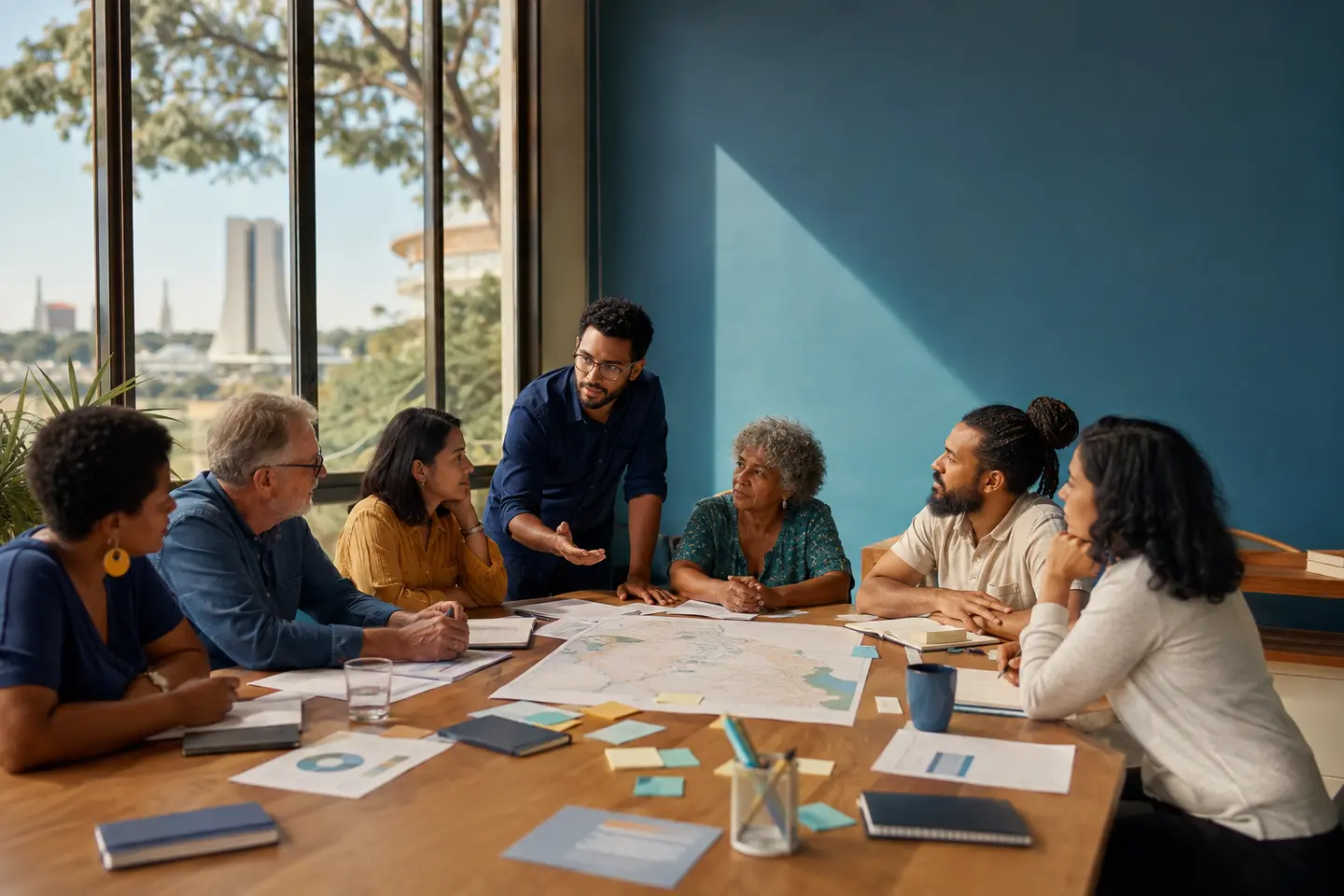 Lideranças comunitárias e equipe técnica constroem uma proposta social em conjunto.